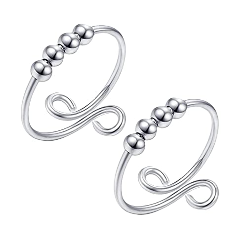 MJARTORIA 2PCS Drehbarer Ring Spinning Ringe mit Perlen, Angst Ring für Damen Herren, Zappelringe Stressabbau Verstellbare Stapelbare Offener Ring, Anxiety Ring, Bead Ringe(Silber) von MJARTORIA