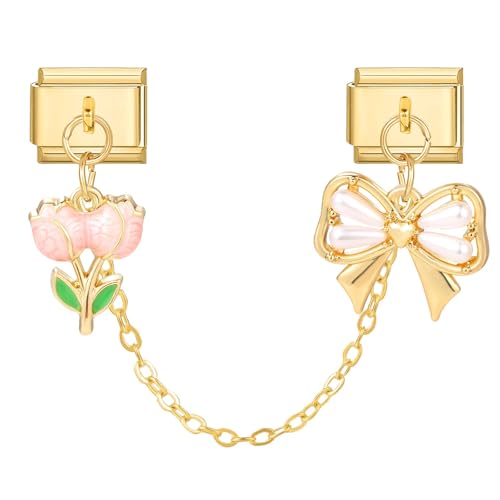 MJARTORIA Italian Charm Bracelet Charms Gold Anhänger Abnehmbar 9mm Edelstahl Module für Italienische Armband Glieder Charms Armbänder Geschenk für Damen Mädchen Tulpe Rosa von MJARTORIA