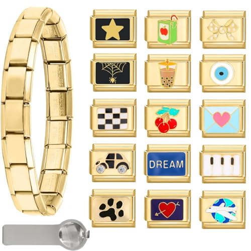 MJARTORIA Italian Charm Bracelet Set Gold Silber 9mm, Armband mit Italian Style Charms für Damen, DIY Abnehmbar Module für Italienische Armbänder, Geschenk für Herren Frauen Jungen Mädchen von MJARTORIA