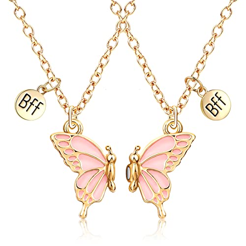 MJARTORIA Freundschaftsketten für 2 Damen Mädchen BFF Halskette Schmetterling Schmuck Anhänger Beste Freundin Kette Puzzle Best Friends Gravur Kinder (Gold Rosa) von MJARTORIA