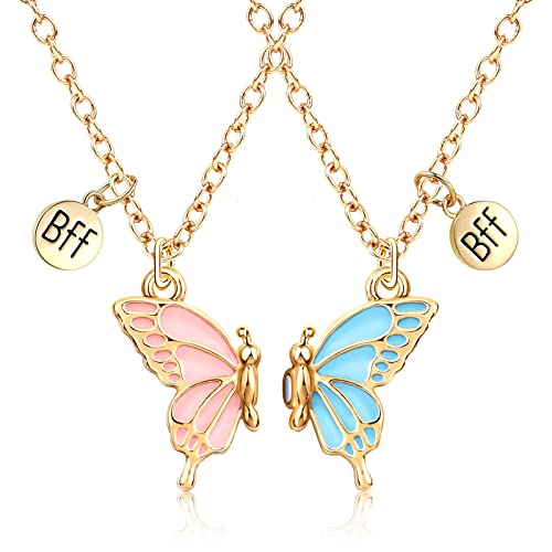 MJARTORIA Freundschaftsketten für 2 Damen Mädchen BFF Halskette Schmetterling Schmuck Anhänger Beste Freundin Kette Puzzle Best Friends Gravur Kinder (Rosa Blau) von MJARTORIA