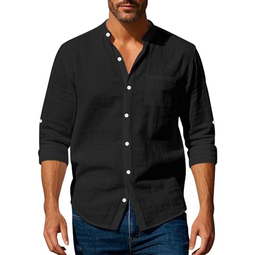 Hemd Herren Leinenhemd Henley Shirt Herren Langarm Baumwolle Leinen Stehkragenhemd Button Down Freizeithemden Leichtes Sommerhemd Casual Regular Fit Businesshemd Mit Tasche Schwarz Hemd L von MJBFDC