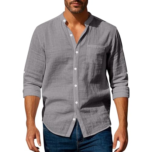 Hemd Herren Slim Fit Leinenhemd Henley Shirt Herren Langarm Baumwolle Leinen Stehkragenhemd Herren Button Down Freizeithemden Leichtes Sommerhemd Casual Business Hemd Mit Tasche Dunkelgrau Shirt XXL von MJBFDC