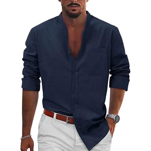 Herren Hemd Herren Hemd Leinenhemd Langarm Stehkragen Leinenshirt Leichtes Sommerhemd Hemden Herren Freizeithemd Regular Fit Sommer Business Standhemd Mit Tasche Marine Hemd 3XL von MJBFDC