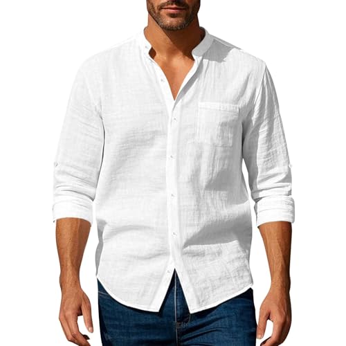 Herrenhemden Leinenhemd Henley Shirt Herren Langarm Baumwolle Leinen Stehkragenhemd Herren Button Down Freizeithemden Leichtes Sommerhemd Casual Regular Fit Business Hemd Mit Tasche Weiß Hemd L von MJBFDC