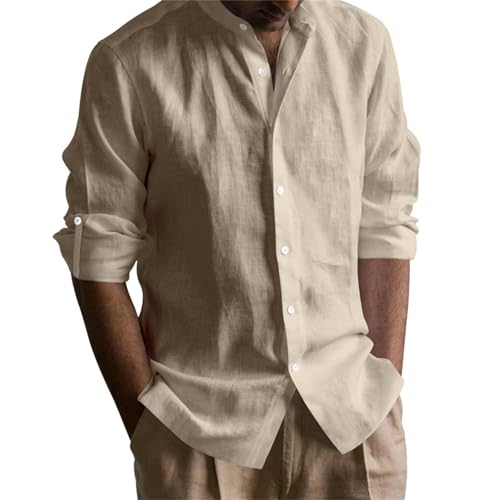 Kleidung Herren Herren Hemd Langarm Leinenhemd Baumwolle Leinenhemd Casual Stehkragen Männer Hemd Leichtes Sommerhemd Regular Fit Strandhemd Khaki Shirt XXL von MJBFDC