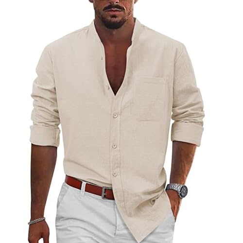 MJBFDC Herren Hemd Herren Hemd Leinenhemd Langarm Stehkragen Leinenshirt Leichtes Sommerhemd Hemden Herren Freizeithemd Regular Fit Sommer Business Standhemd Mit Tasche Beige Hemd 3XL von MJBFDC