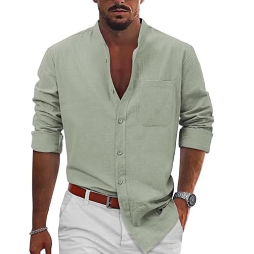 MJBFDC Oberhemden Herren Langarm Herren Hemd Leinenhemd Langarm Stehkragen Leinenshirt Leichtes Sommerhemd Hemden Herren Freizeithemd Regular Fit Sommer Business Standhemd Mit Tasche Grün Hemd 3XL von MJBFDC