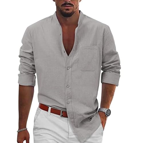 MJBFDC Sommerhemd Herren Hemd Leinenhemd Langarm Stehkragen Leinenshirt Leichtes Sommerhemd Hemden Herren Freizeithemd Regular Fit Sommer Business Standhemd Mit Tasche Grau Hemd 3XL von MJBFDC