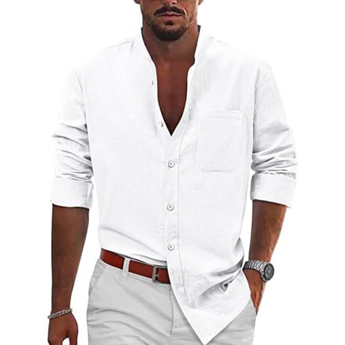 Stehkragenhemd Herren Hemd Herren Langarm Stehkragen Baumwolle Linen Shirt Leichtes Sommerhemd Regular Fit Business Hemd Herren Button Down Casual Einfarbiges Shirt Mit Tasche Weiß Shirt XXL von MJBFDC