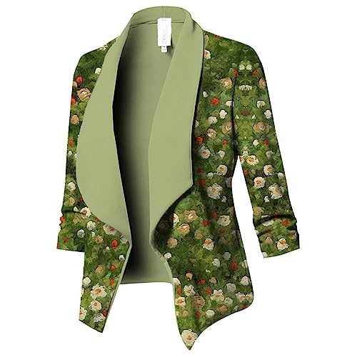 MJGkhiy Blazer Damen Elegant Kurz Offener Kragen Mantel Schulterjacke Bürojacke Karriere Tailleur Jacke Cardigan Weste OL Jacke Cardigan Blazer Damen Kurz Muster, grün, 50 von MJGkhiy
