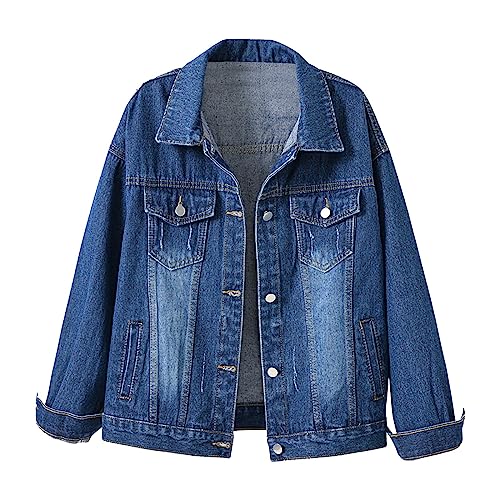 MJGkhiy Damen Jeansjacke Jeansjacke Geknöpfte Gewaschene Jacke Jeansjacke Übergröße Mantel Hole Langarm Jeans Slim Fit Kurz Jacke, Dunkelblau, XL von MJGkhiy