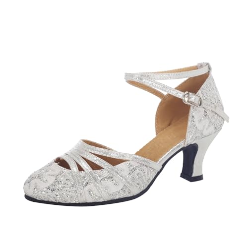 MJGkhiy Damen Latein Salsa Tanzschuhe Geschlossene Professionelle High Heels Pumps Kleid Tanzschuhe Riemchenpumps Spitze Zehenpartie Bequeme Ballsaal Party Salsa Tanzübung Performance Schuhe von MJGkhiy