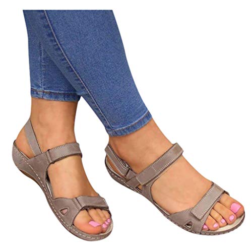 MJGkhiy Damen-Sandalen Bequeme Sommersandalen Trekking Damen Sommerschuhe Strandschuhe Sommer Retro Flat Sandalen Peep Toe Flach Absatz Schuhe Peep Toe Flache Absätze Schuhe, grau, 42 EU von MJGkhiy