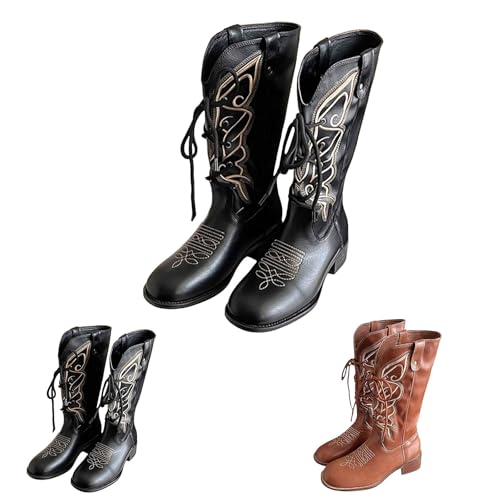 MJGkhiy Damen Stiefel Texani Leder Stiefeletten mit Absatz Cowboy Boots Braun Wildleder Stiefelette mit Schnürung Schwarz Camperos Stiefel Westernstiefel Bequeme Stiefel, Schwarz , 41 EU von MJGkhiy