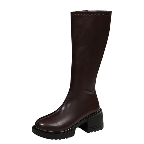 MJGkhiy Damen Stiefel mit Absatz und Plateau Winter Elegant Boots Cowboy Bequeme braune Texanistiefel mit Reißverschluss Schwarz Reitstiefel Leder Warm Kniestiefel, braun, 38 EU von MJGkhiy