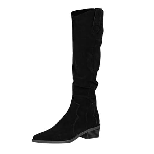 MJGkhiy Damen Stiefel mit Blockabsatz Winter Bequeme Stiefeletten Spitze Elegante Warme Stiefel Wildleder Braun Boots Cowboy Schwarz Leder Kniestiefel, Schwarz , 39 EU von MJGkhiy