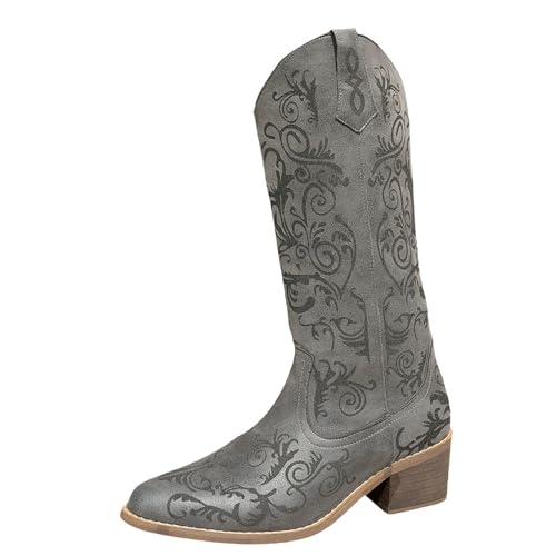 MJGkhiy Damen Stiefel mit Blockabsatz Winter Bequeme Stiefeletten Texani Cowboy Western Camperos Schuhe Boots Elegant Warm Kniestiefel Schwarz Leder Braun Stiefel, grau, 36 EU von MJGkhiy