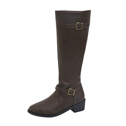 MJGkhiy Damen Stiefel mit Blockabsatz Winter Elegant Kniestiefel Bequem Braun Boots Cowboy Schwarz Stiefel Wildleder Warm Stiefeletten Reiten mit Reißverschluss, Kaffee, 41 EU von MJGkhiy