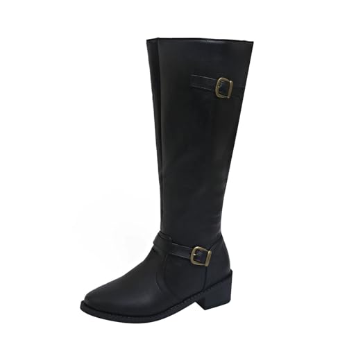 MJGkhiy Damen Stiefel mit Blockabsatz Winter Elegant Kniestiefel Bequem Braun Boots Cowboy Schwarz Stiefel Wildleder Warm Stiefeletten Reiten mit Reißverschluss, Schwarz , 43 EU von MJGkhiy