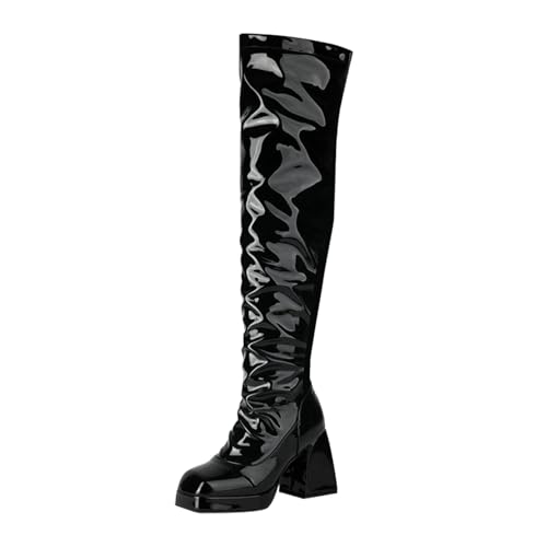 MJGkhiy Damen Winterstiefel mit Blockabsatz Elegante Stiefeletten Texani Bequem Schwarz Stiefel Wildleder Warm Boots Cowboy Leder Braun Kniestiefel, Schwarz , 40 EU von MJGkhiy