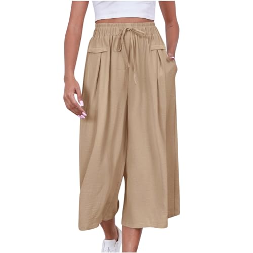 MJGkhiy Damenhose 3 Viertel Elegante Pilateshose Casual Hose Caprihose Kordelzug Weich Curvy Hose Breites Bein Hohe Taille Strandhose Baggy Hose Overall, beige, XXL von MJGkhiy
