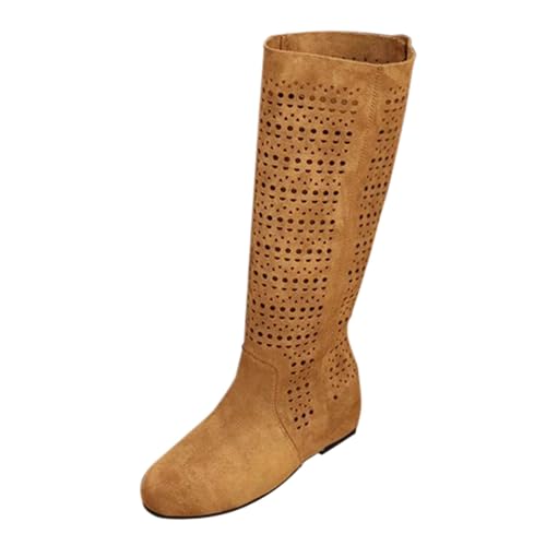 MJGkhiy Damenstiefel Frühling Sommer mit Absatz Elegante Boots Cowboy Bequeme Kniestiefel Schwarz Stiefel Wildleder Innen perforiert Braun Stiefeletten Texani, gelb, 38 EU von MJGkhiy