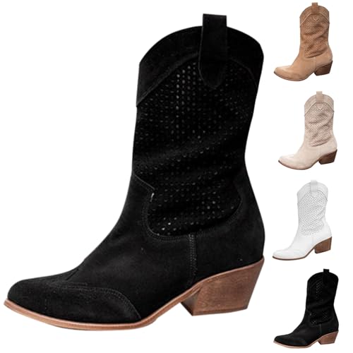 MJGkhiy Damenstiefel Texani Camperos Stiefeletten mit Blockabsatz Wildleder Boots Schwarz Leder Braune Spitzenstiefel Western Stiefeletten Cowboy Stiefel Bequem, Schwarz , 37 EU von MJGkhiy