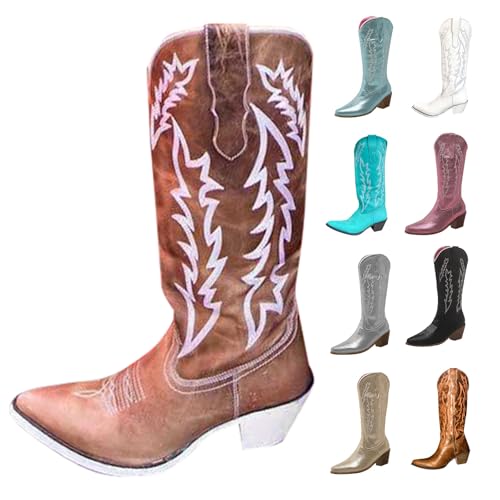 MJGkhiy Damenstiefel Texani Hohe Western Stiefeletten mit Blockabsatz Wildleder Spitzstiefel Winter Leder Boots Braun Cowboy Stiefel Camperos Stiefeletten Bequeme Stiefel, Kaffee, 46 EU von MJGkhiy