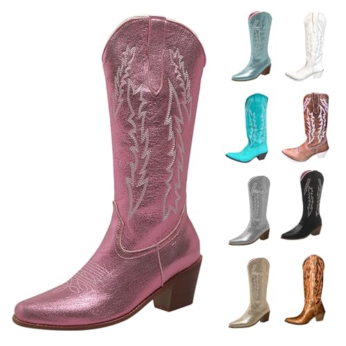 MJGkhiy Damenstiefel Texani Hohe Western Stiefeletten mit Blockabsatz Wildleder Spitzstiefel Winter Leder Boots Braun Cowboy Stiefel Camperos Stiefeletten Bequeme Stiefel, Rosa, 39 EU von MJGkhiy