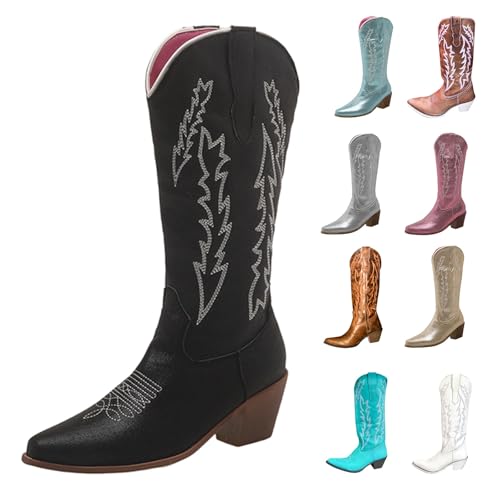 MJGkhiy Damenstiefel Texani Hohe Western Stiefeletten mit Blockabsatz Wildleder Spitzstiefel Winter Leder Boots Braun Cowboy Stiefel Camperos Stiefeletten Bequeme Stiefel, Schwarz , 39 EU von MJGkhiy