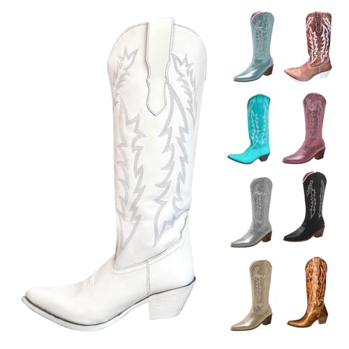 MJGkhiy Damenstiefel Texani Hohe Western Stiefeletten mit Blockabsatz Wildleder Spitzstiefel Winter Leder Boots Braun Cowboy Stiefel Camperos Stiefeletten Bequeme Stiefel, Weiß, 45 EU von MJGkhiy