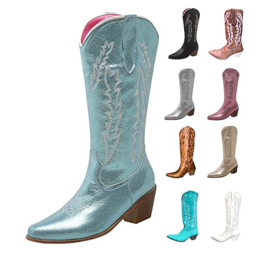 MJGkhiy Damenstiefel Texani Hohe Western Stiefeletten mit Blockabsatz Wildleder Spitzstiefel Winter Leder Boots Braun Cowboy Stiefel Camperos Stiefeletten Bequeme Stiefel, blau, 45 EU von MJGkhiy