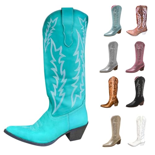 MJGkhiy Damenstiefel Texani Hohe Western Stiefeletten mit Blockabsatz Wildleder Spitzstiefel Winter Leder Boots Braun Cowboy Stiefel Camperos Stiefeletten Bequeme Stiefel, grün, 46 EU von MJGkhiy