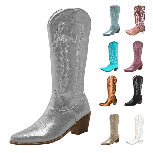 MJGkhiy Damenstiefel Texani Hohe Western Stiefeletten mit Blockabsatz Wildleder Spitzstiefel Winter Leder Boots Braun Cowboy Stiefel Camperos Stiefeletten Bequeme Stiefel, silber / schwarz, 40 EU von MJGkhiy