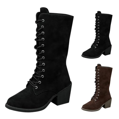 MJGkhiy Damenstiefel Texani Leder Stiefeletten mit Blockabsatz Wildleder Bequeme spitze Stiefeletten Western Boots Schwarz Camperos Stiefel Cowboy Stiefel Braun, Schwarz , 38 EU von MJGkhiy