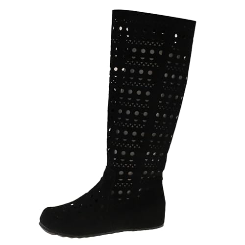 MJGkhiy Damenstiefel mit Absatz Frühling Sommer elegant Stiefel Wildleder bequem innen perforiert Texani Stiefeletten Kniestiefel Schwarz Braun Boots Cowboy, Schwarz , 36 EU von MJGkhiy