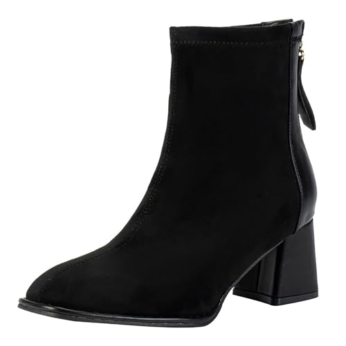 MJGkhiy Elegante Damenstiefel mit Blockabsatz Winter Stiefeletten Wildleder Slip-on Reißverschluss Kleid Party Büro Heels Geschlossen Spitze Stiefel Chunky Klassische Schuhe, Schwarz , 39 EU von MJGkhiy