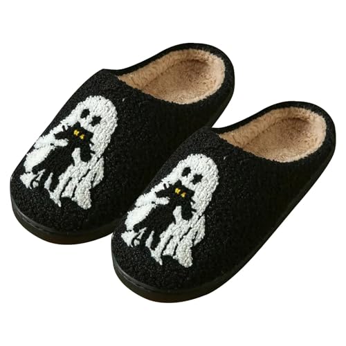 MJGkhiy Halloween Hausschuhe Damen Herren Winter Memory Foam Warm Plüsch Geschlossen Vorne Hausschuhe Winter Bequeme rutschfeste Hausschuhe Pelzige Weiche Hausschuhe Elegante Slippers, Schwarz 3, 42 von MJGkhiy