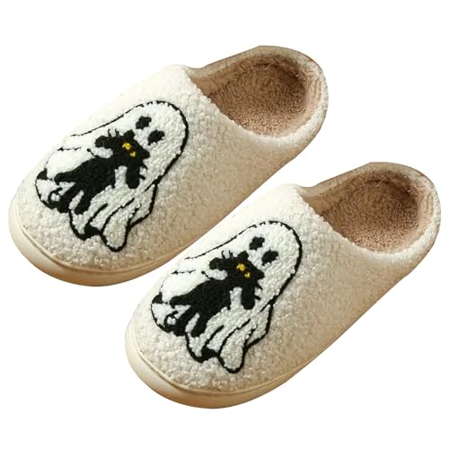 MJGkhiy Halloween Hausschuhe Damen Herren Winter Memory Foam Warm Plüsch Geschlossen Vorne Hausschuhe Winter Bequeme rutschfeste Hausschuhe Pelzige Weiche Hausschuhe Elegante Slippers, Weiß, 42 EU von MJGkhiy