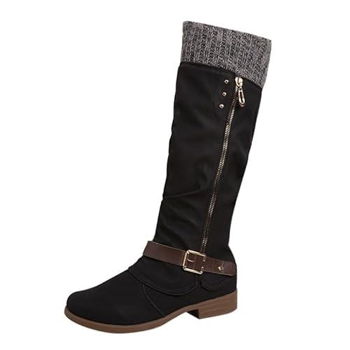 MJGkhiy Hohe Winterstiefel für Damen, elegant, kniehoch, bequem, Schwarz, Wildleder mit braunem Absatz, Boots, Cowboy, warmes Leder, Texanische Stiefeletten mit Reißverschluss, Schwarz , 37 EU von MJGkhiy