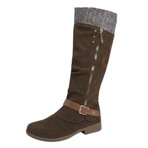 MJGkhiy Hohe Winterstiefel für Damen, elegant, kniehoch, bequem, Schwarz, Wildleder mit braunem Absatz, Boots, Cowboy, warmes Leder, Texanische Stiefeletten mit Reißverschluss, braun, 39 EU von MJGkhiy