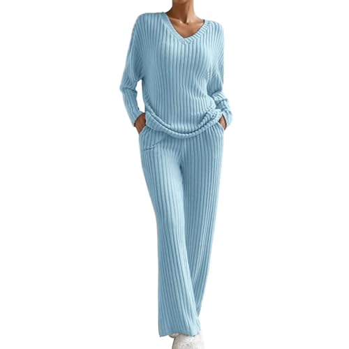 MJGkhiy Koordinierter Overall Damen Stricken Warme Lange Ärmel Set Trikot Und Hose Anzug Herbst Winter Bequeme Pullover Overall Damen Winter Elegant Casual, blau, XL von MJGkhiy