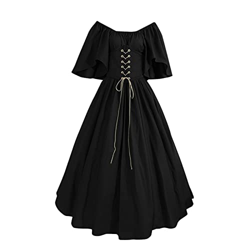 MJGkhiy Mittelalterliches langes Kleid für Damen Halloween Karneval Cosplay Kostüm Kleid mit ausgestellten Ärmeln Vintage Offene Schultern Corsage Carnival Cosplay Kleid Schwarz Asymmetrisch Kleider von MJGkhiy