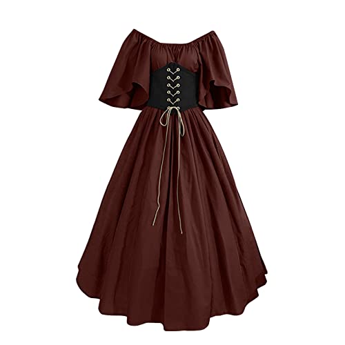 MJGkhiy Mittelalterliches langes Kleid für Damen Halloween Karneval Cosplay Kostüm Kleid mit ausgestellten Ärmeln Vintage Offene Schultern Corsage Carnival Cosplay Kleid Schwarz Asymmetrisch Kleider von MJGkhiy