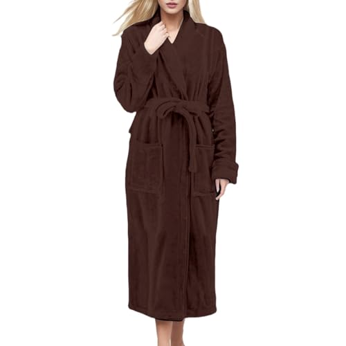 MJGkhiy Morgenmantel Damen Fleece Winter Warm Plus Size Langarm Flanell Bademantel Morgenmäntel Baumwolle Mit Kapuze Weiche Plüsch Nachtwäsche Für Zuhause Hotel Spa Plüsch Bademantel, Kaffee, M von MJGkhiy