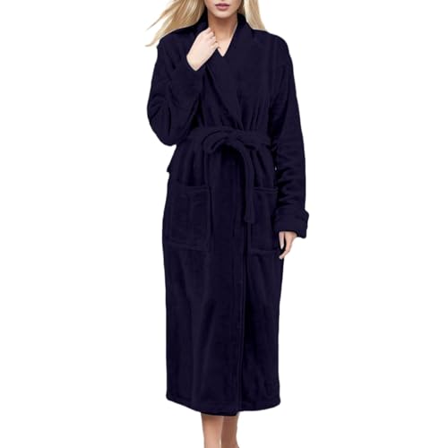MJGkhiy Morgenmantel Damen Fleece Winter Warm Plus Size Langarm Flanell Bademantel Morgenmäntel Baumwolle Mit Kapuze Weiche Plüsch Nachtwäsche Für Zuhause Hotel Spa Plüsch Bademantel, Marine, L von MJGkhiy