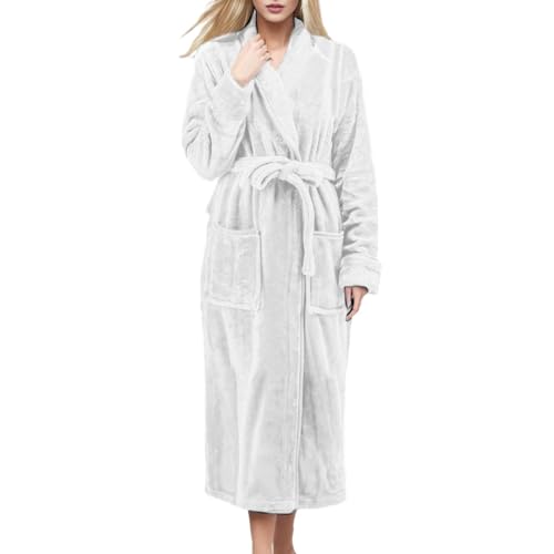 MJGkhiy Morgenmantel Damen Fleece Winter Warm Plus Size Langarm Flanell Bademantel Morgenmäntel Baumwolle Mit Kapuze Weiche Plüsch Nachtwäsche Für Zuhause Hotel Spa Plüsch Bademantel, Weiß, M von MJGkhiy