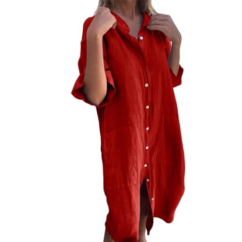 MJGkhiy Sommerkleider Damen Elegant Baumwolle Leinen Rundhals Tunika Kostüm Oversize Kleid Floral Beach Dress Casual Kleid Boho Sommerkleidung Badekleider, rot, XXXXXL von MJGkhiy