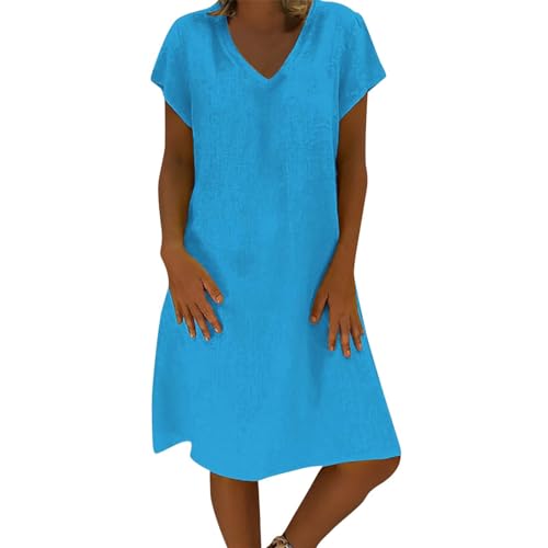 MJGkhiy Sommerkleider Damen Elegant Baumwolle Und Leinen Kurzarm Leinen Kleid Mode Druck Badekleider Elegantes Strandkleid Sommerkleidung Meer Kleider, Bu1, XXXXL von MJGkhiy